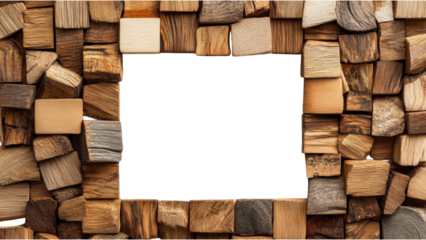 Wooden Chip Frame, square arrangement of individual wooden pieces, contrasting against a clean white background, ideal for showcasing art or photos