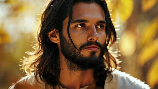 Visage of a Jesus Christ with long hair and beard surrounded by a golden leaf backdrop at a serene location