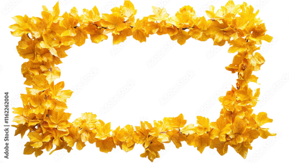 Poster yellow leaf cluster frame, vibrant yellow leaf clusters create a striking square pattern on a clean 