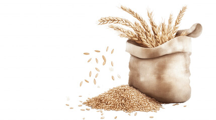 A bag of wheat grain is shown with some of the grain scattered on the ground