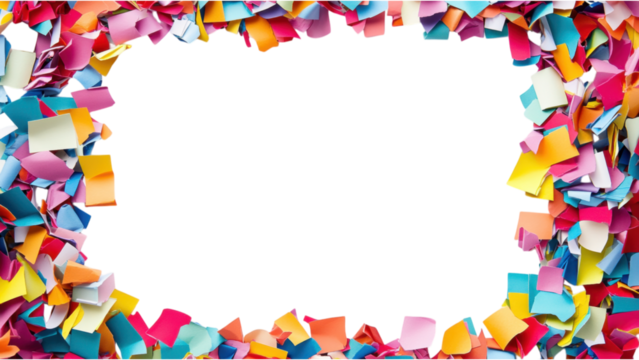 Colorful Paper Mosaic Frame on White Background, vibrant scraps create a dynamic visual contrast, perfect for showcasing creativity and art.