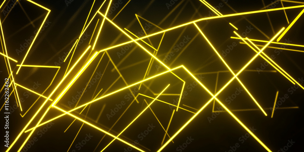 Poster abstract yellow neon lines intersecting on dark background. gamer background