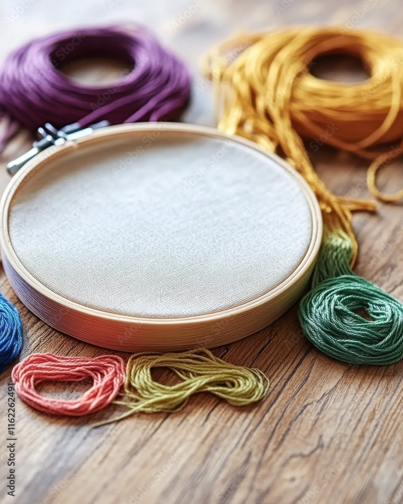 Poster a colorful array of embroidery threads surrounds a blank hoop, inviting creativity and craftsmanship