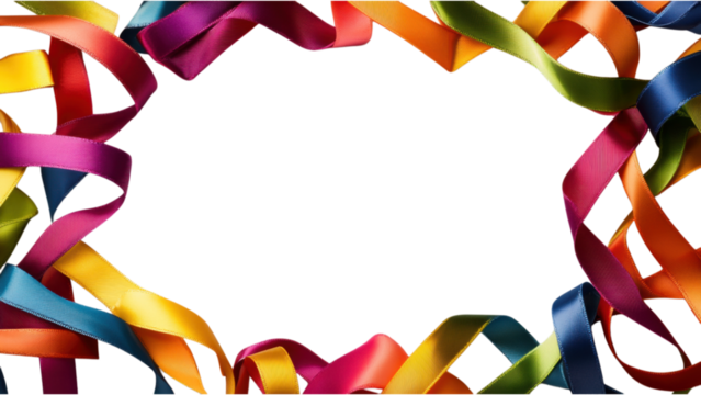 Colorful Ribbon Strands in Square Frame, vibrant ribbons intertwined in a geometric design, set against a clean white backdrop