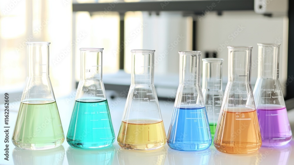 Poster a vibrant array of laboratory glassware filled with colorful liquids in a bright, modern lab setting