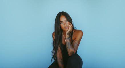 Tanned model poses elegantly against a soft blue backdrop showcasing her tattoos and striking features