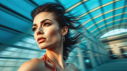 A dynamic architectural color photograph of a woman with makeup, cosmetics, and contour in motion. Sharp lines, blurred movement, wide angles, and detailed structures