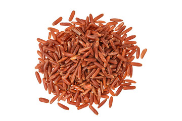 red rice heap isolated on white background. Top view. Flat lay