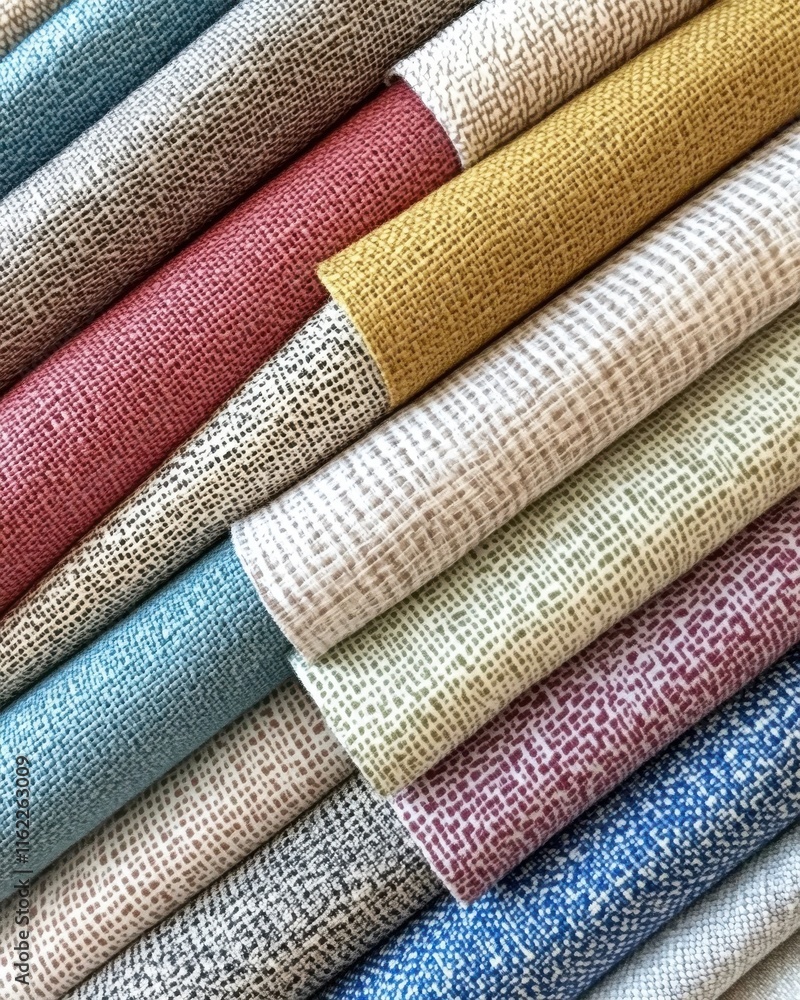 Poster a vibrant collection of textured fabrics in various colors and patterns stacked neatly.