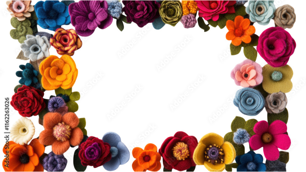 Poster felt flower cluster frame, vibrant felt flowers create a stunning square pattern on a crisp white ba