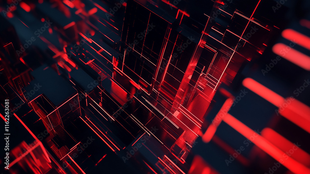 Poster futuristic red and black abstract geometric design with neon glowing effects. gamer background