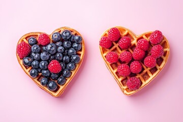 Heart Shaped Waffles with Berries - Delicious heart-shaped waffles topped with fresh blueberries and raspberries. Perfect for Valentine's Day or a romantic breakfast. Sweet, romantic, healthy, delight