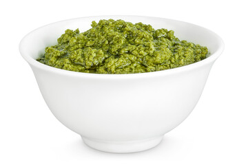 Pesto sauce in ceramic bowl isolated on white background