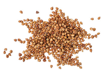 Raw buckwheat isolated on white background. Top view. Flat lay