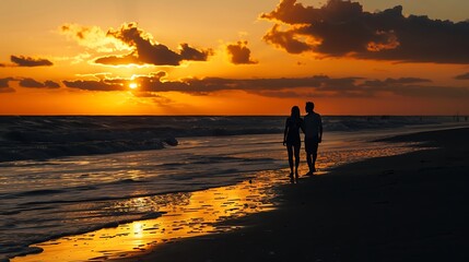 Fototapeta premium A couple walks hand in hand along a beach at sunset, creating a romantic atmosphere.