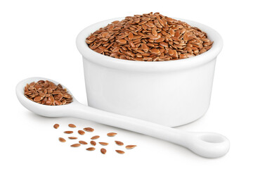 flaxseed in ceramic bowl isolated on white background. Top view. Flat lay