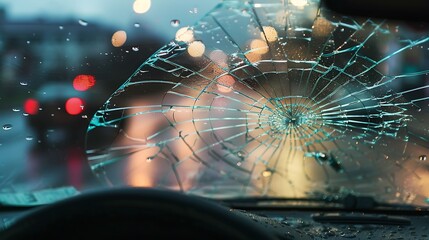 A cracked windshield viewed from inside a car, with blurred lights and raindrops.