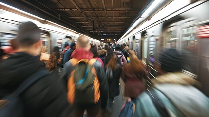 A crowded subway station with commuters boarding trains during rush hour.
