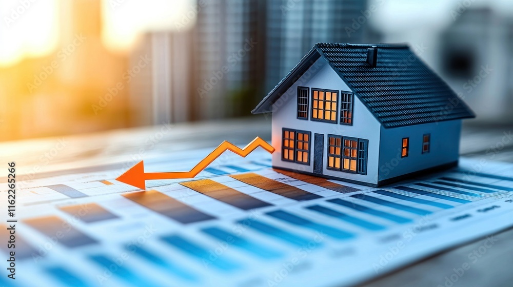 Poster model house with upward trend graph on a table.