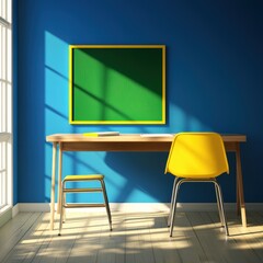 Bright workspace featuring a wooden desk and colorful chairs against a blue wall.
