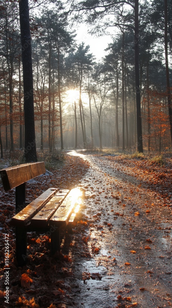 Poster sunlit path in autumnal forest with bench.