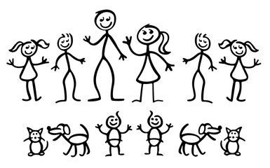 Fototapeta premium Set of happy cartoon doodle figure family, stick man. Stickman Illustration Featuring a Mother and Father and Kids. Vector Illustration, set of family in stick figures. 