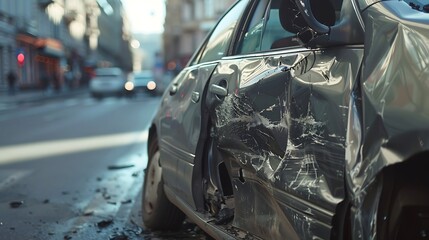 A damaged car on a city street following an accident, highlighting road safety concerns.