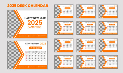 Modern 2025 Desk Calendar Design Print Template. 12 Months Set, 13 Page Calendar, vector illustration template design.