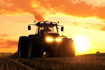Fototapeta premium Agricultural Technology Sunset Scene - Powerful tractor at sunset, symbolizing farming, technology, harvest, progress, and rural life.