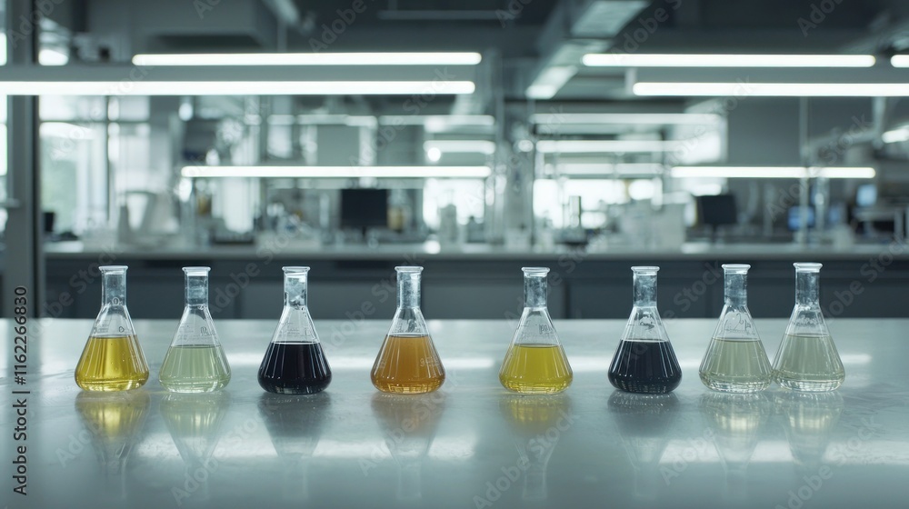 Poster laboratory flasks with colored liquids on a table.
