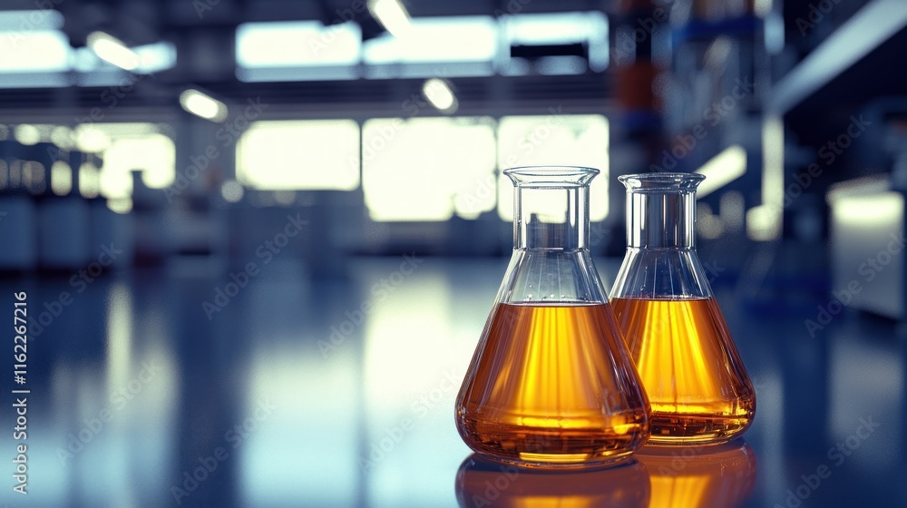 Poster laboratory scene with flasks containing orange liquid.