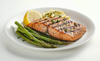 A grilled salmon fillet with fresh asparagus and cherry tomatoes on a white plate, drizzled with a light sauce for an elegant touch.