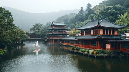 Fototapeta premium Tranquil lakeside scene with traditional architecture.