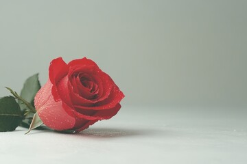 single red rose with dewdrops delicately placed on white surface softly lit for romantic appeal
