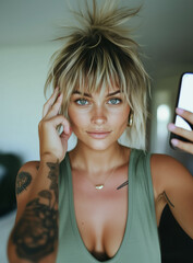 Fototapeta premium Beautiful and fit girl taking a selfie while showcasing her trendy hairstyle and glowing tan in a stylish indoor setting