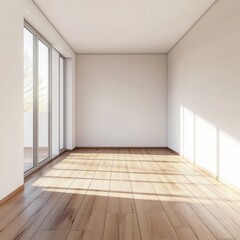 Bright and airy empty room with wooden floors and large windows, ideal for modern living.