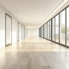 Obraz premium Spacious, sunlit corridor with wooden flooring and glass walls, creating an open and airy atmosphere.