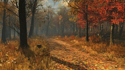 Fototapeta premium Serene autumn forest path with colorful foliage.