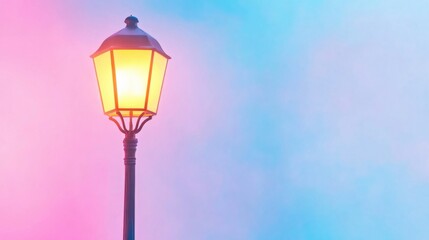 Glowing streetlamp illuminates a foggy evening with gradient colors in the surrounding mist