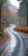 Fototapeta premium Winding road through autumnal forest on a misty day.