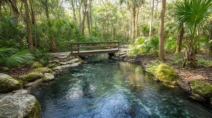 Fototapeta premium Wooden Bridge Over Crystal Clear Stream In Lush Forest