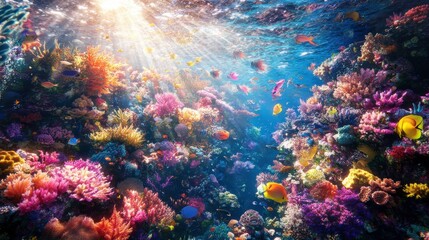 Obraz premium Vibrant Coral Reef with Sunlight and Colorful Fish