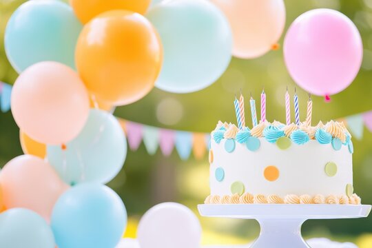 Cheerful kids birthday party celebration outdoors in a park with colorful cake, balloons, and festive decorations