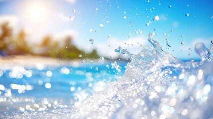 Close-up of ocean wave splashing, sunlit, bokeh background.