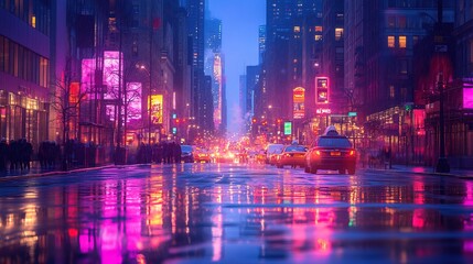 Fototapeta premium Vibrant cityscape at dusk with blurred bokeh lights