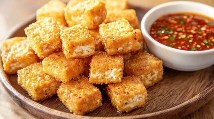 Naklejka premium Crispy Bite-sized Savory, Bite-Sized Crispy Tofu Nuggets Served with Spicy Dipping Sauce on Wooden Plate
