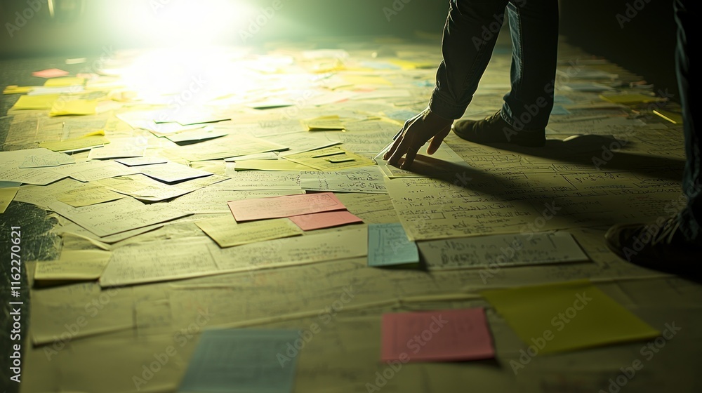 Poster notes scattered on the floor with a person reaching.