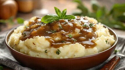 Complementary Side Dish Sauce, Savory Mashed Potatoes with Rich Gravy Sauce,a Classic Comforting Side Dish