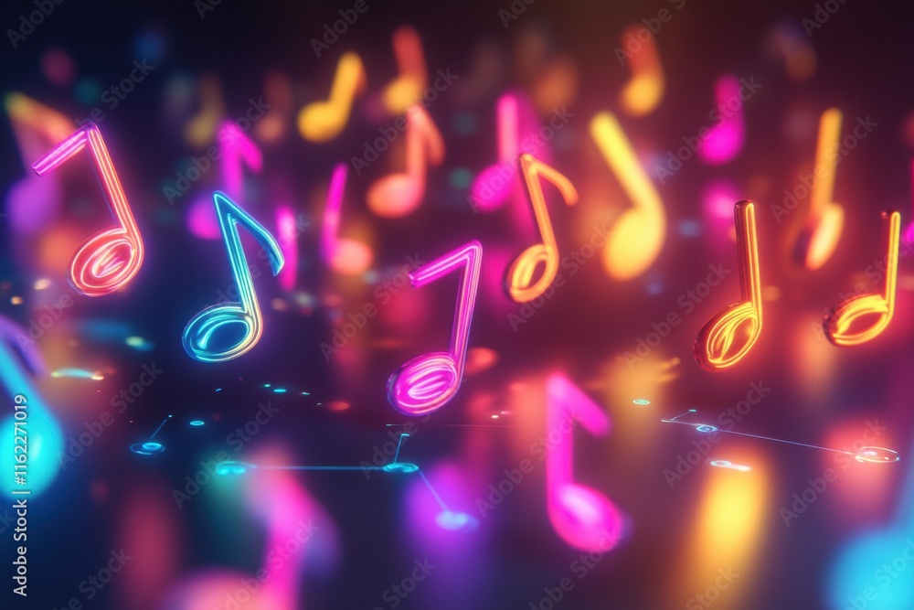 Aufkleber colorful 3d music notes floating in a vibrant, dynamic background during a nighttime celebration. ge