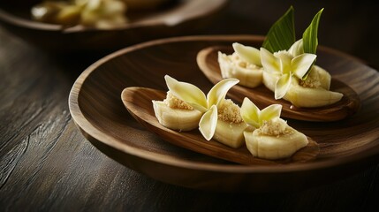 Elegant dessert presentation on wooden plates.